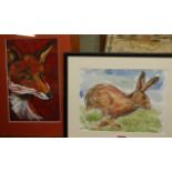 Assorted contemporary pictures to include running hare, pencil and watercolour, fox study, etc (4)