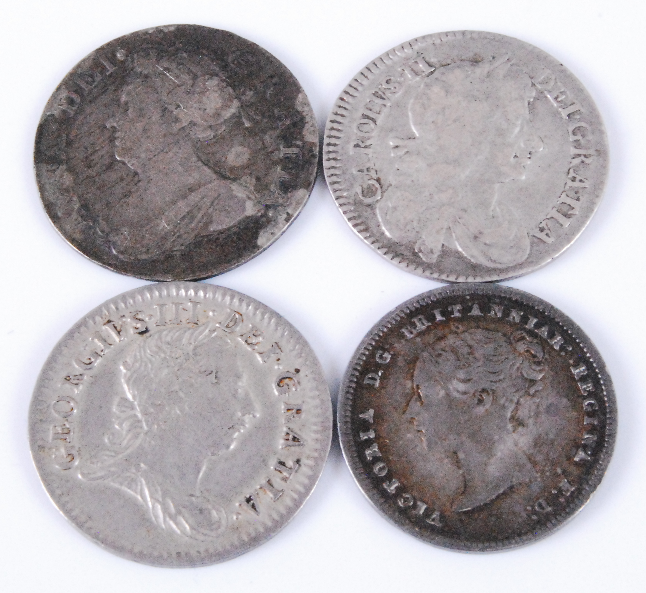 England, Four Maundy Money 4d coins to include Charles II, 1673, Queen Anne, 1706, George III,