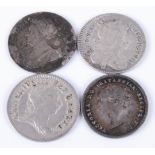 England, Four Maundy Money 4d coins to include Charles II, 1673, Queen Anne, 1706, George III,