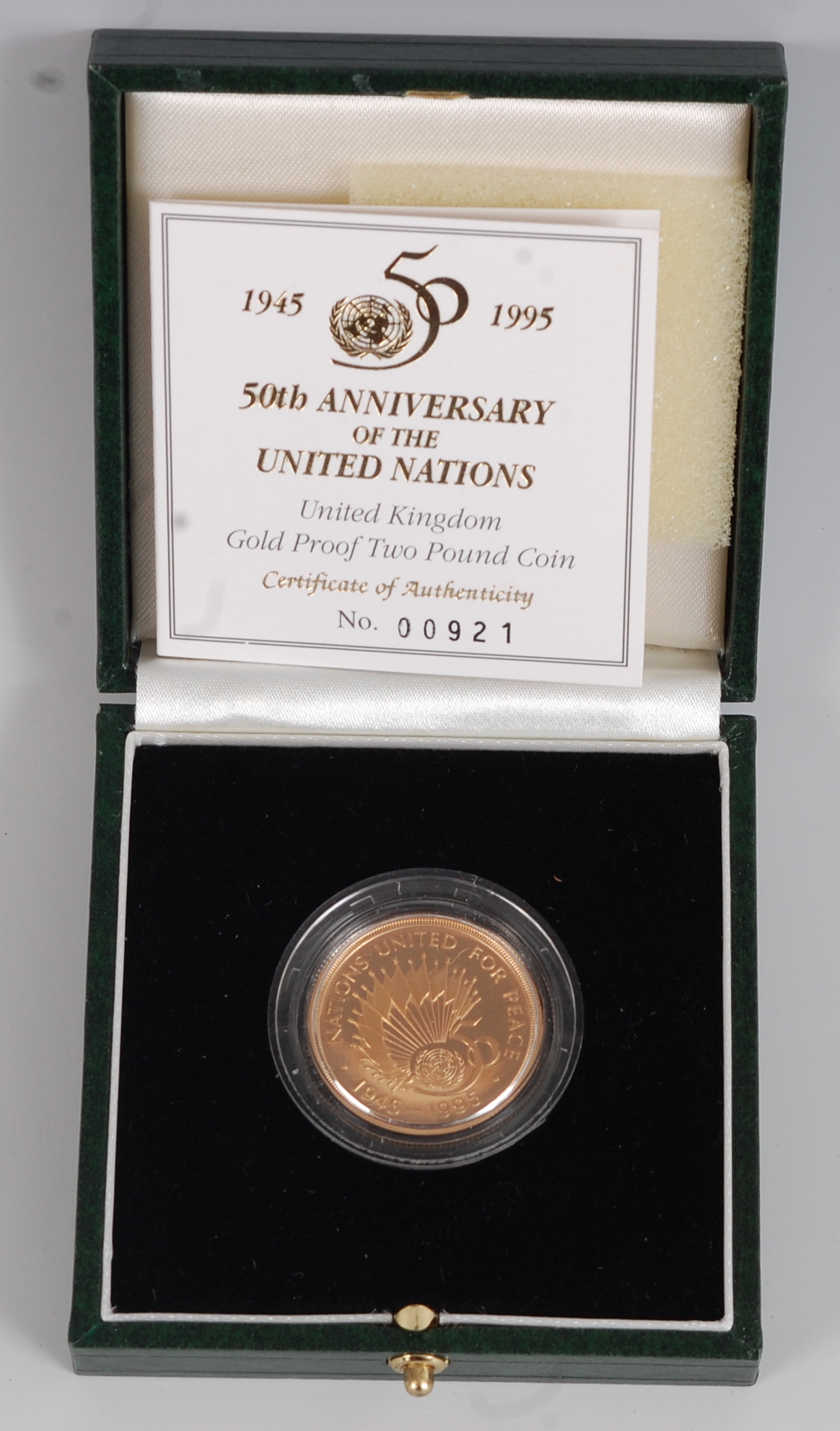 Great Britain, a cased gold proof two-pound coin, 50th Anniversary of the United Nations 1945-