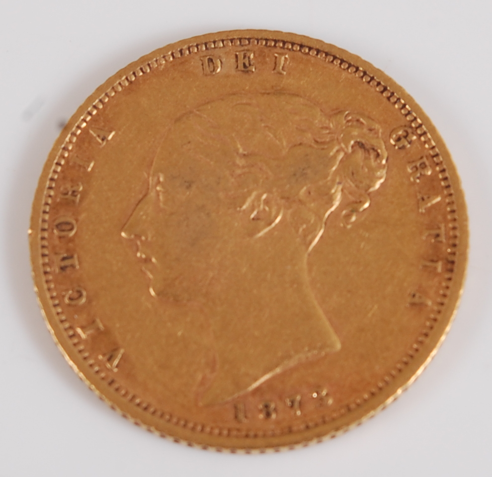 Great Britain, 1873 gold half sovereign, Victoria 'young head'' above date, rev. crowned shield