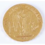 France, 1876 gold 20 francs, obv; Standing Genius writing the constitution with rooster, rev;