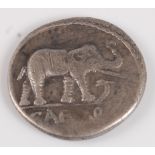 Roman, Julius Caesar, silver denarius, elephant right Caesar below, rev; Pontifical emblems