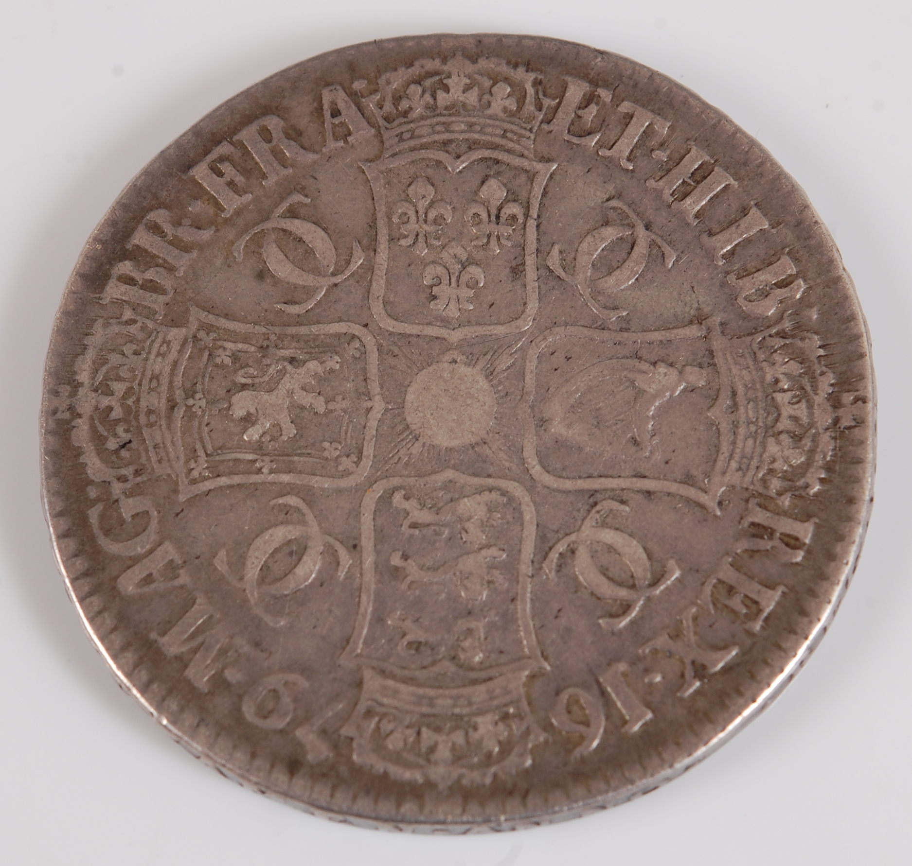 England, 1679 Crown, Charles II fourth laureate and draped bust right, rev: crowned cruciform - Image 2 of 2