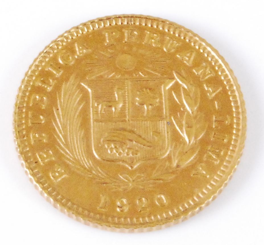 Peru, 1922 gold 1/5 Libra, - Image 2 of 2