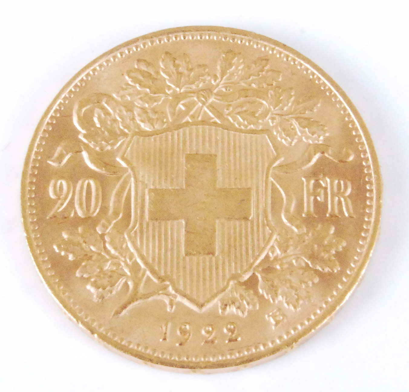 Switzerland, 1922 gold 20 francs, obv; female bust with garland of flowers before mountains, rev; - Image 2 of 2