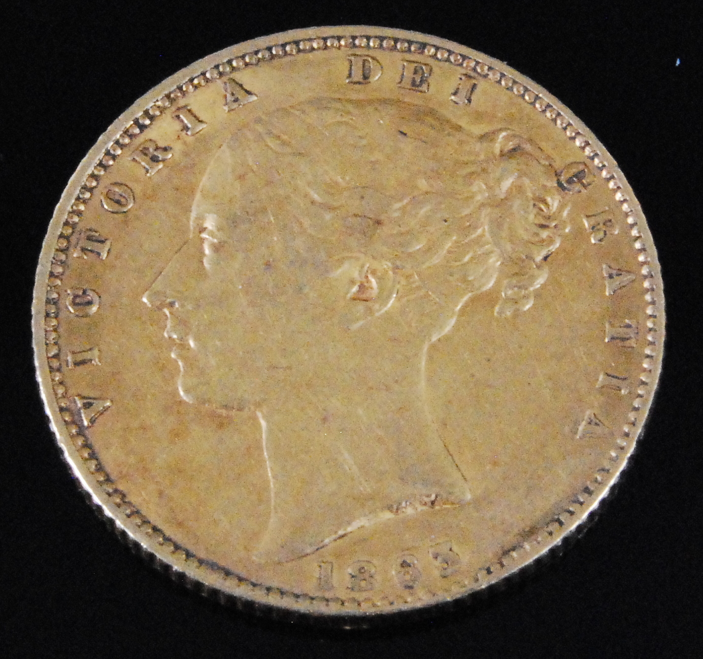 Great Britain, 1863 full sovereign, Victoria "young" head, rev; crowned shield within wreath with