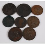 Great Britain, a collection of eight George II and later copper coins, to include 1854 Victoria