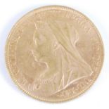 Great Britain, 1894 gold full sovereign, Queen Victoria "veil" head, rev; St George & Dragon above