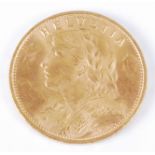 Switzerland, 1922 gold 20 francs, obv; female bust with garland of flowers before mountains, rev;