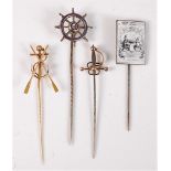 Four stick pins: an anchor and oars stick pin, (unmarked, tests as approx. 14ct gold or better),