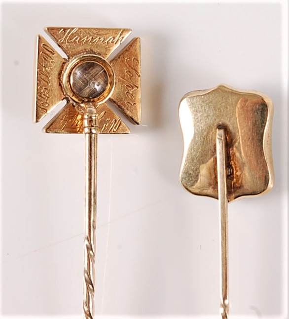 Two 19th century mourning stick pins: a diamond set Maltese cross stick pin, the central old mine - Image 2 of 2