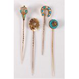 Four gemset stick pins: a seed pearl and turquoise cabochon set horseshoe stick pin, 16mm wide; a