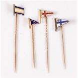 Four enamelled flag stick pins: a blue, yellow and white enamelled flag stick pin by Benzies of