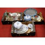 Three boxes of miscellaneous china and glassware to include Whieldon Ware Leydon part dinner