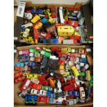 Two boxes of assorted playworn loose diecast to include Majorette, Siku, etc