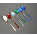 A set of six mid-20th century Danish sterling silver and enamelled coffee spoons
