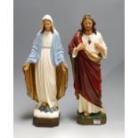 A near-pair of large mid-20th century painted plaster figures of Jesus and the Virgin Mary, h.52cm