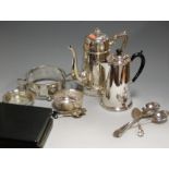 A box of miscellaneous silver plated wares, to include coffee pot, coffee spoons, dish ring etc