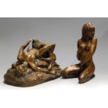 A modern bronzed resin figure of a female nude in kneeling pose, h.27cm; together with one other