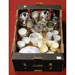 A box of miscellaneous items, to include Crown Devon part tea service transfer printed with Jersey