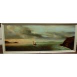 T.E. Bradley - Lone sailing boat off the coastline at sunset, oil on canvas, signed and dated