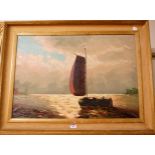 20th century school - Lone sailing barge at sunset, oil on canvas, 49 x 70cm