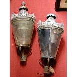 A pair of wrought metal and copper lanterns of good size (some age and both weather worn) approx