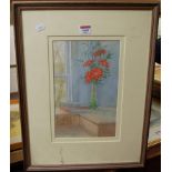 Denis Roxby-Bott - books and red flowers, watercolour, signed and dated 1988 lower left, 30x19cm,