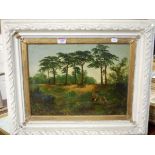 Late 19th century English school - figures with donkey in a woodland clearing, oil on canvas,