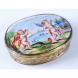 A mid-18th century French gilt metal and porcelain set snuff-box, of oval form, the cover enamel