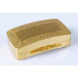 An early 19th century gilt metal pocket snuff-box, the cover and base with Greek Key border, plain