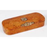 A 19th century burr wood snuff-box, the hinged cover set with embossed yellow metal thumb-piece