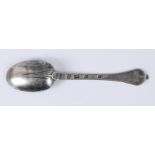 A William & Mary silver trefid spoon , the terminals with engraved initials, the oval bowl with