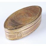 A George III gilt metal snuff-box, of oval form, having engine turned decoration, plain interior,