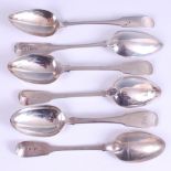 Six various George III and later silver tablespoons, each in the Fiddle pattern and with engraved