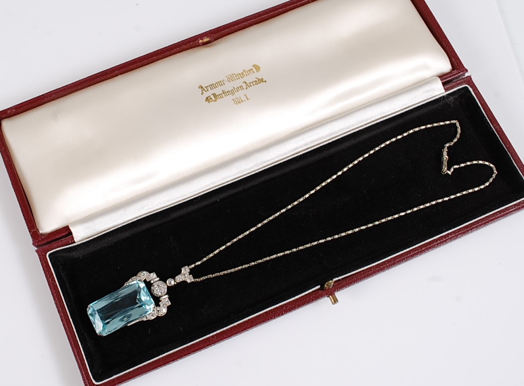 An Art Deco aquamarine and diamond pendant, the emerald cut aquamarine measuring, approx. 27 x 15. - Image 6 of 10
