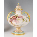 A late Victorian Royal Worcester pedestal vase and cover, shape No.2032, decorated in bright enamels