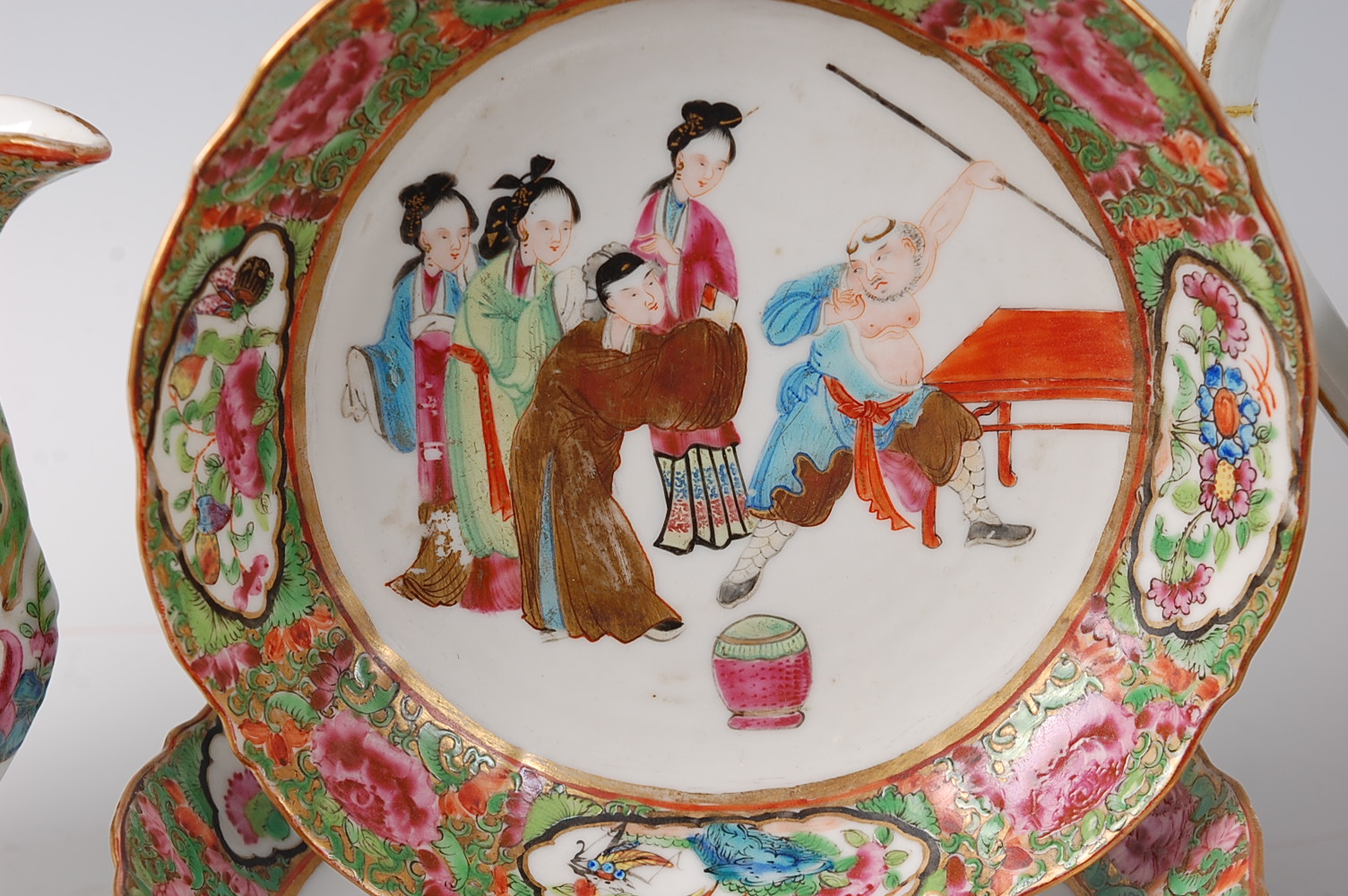 A Chinese Canton part tea service, comprising teapot, large cream jug, sugar bowl and cover, five - Image 4 of 50