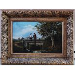 Thomas Smythe (1825-1906) - Figures in conversation on a wooden bridge, oil on canvas, signed