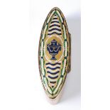 A George III gilt metal and enamel set snuff-box, of navette shape, the hinged cover finely worked