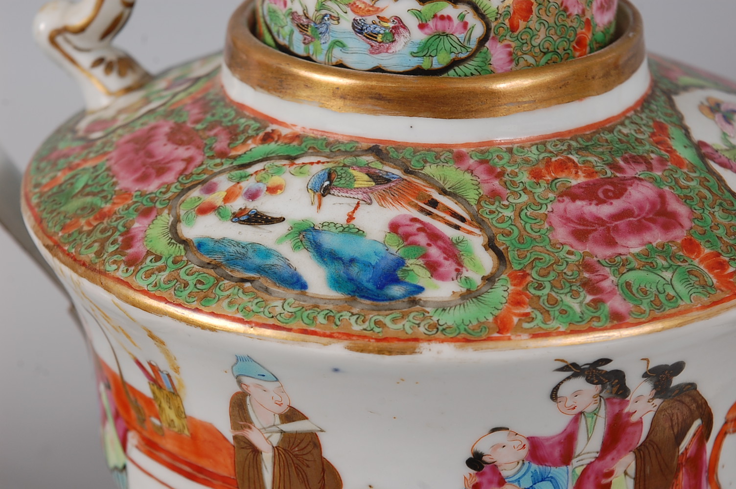 A Chinese Canton part tea service, comprising teapot, large cream jug, sugar bowl and cover, five - Image 3 of 50