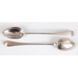 A pair of George III silver stuffing spoons, in the Old English pattern, with monogrammed terminals,