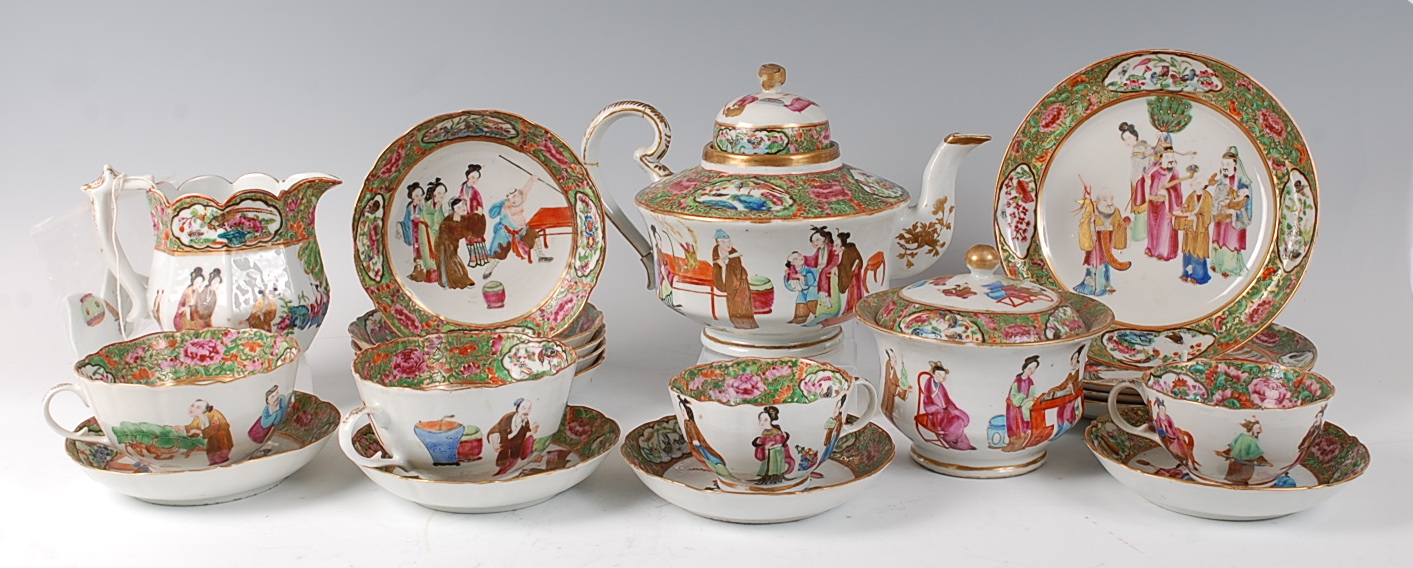 A Chinese Canton part tea service, comprising teapot, large cream jug, sugar bowl and cover, five