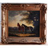 19th century East Anglian school - Mare and Stallion within a landscape, oil on canvas, 63 x 76cm,