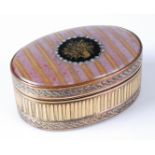 A late 18th century gilt metal and enamel snuff-box, of oval form, the hinged cover hand-painted