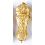 A George III gilt metal etui, of waisted form, decorated in high relief with a figure to either side