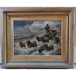 Charles Jones (1836-1902) - Shepherd with his flock in a winter mountain landscape, oil on panel,