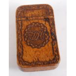 A 19th century burr oak pocket snuff box, the hinged cover having a leaf and flower rim and