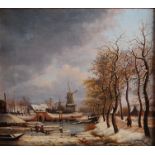 Pietr Georg Westenberg (1791-1873) - Dutch river landscape in winter, oil on canvas, label verso for